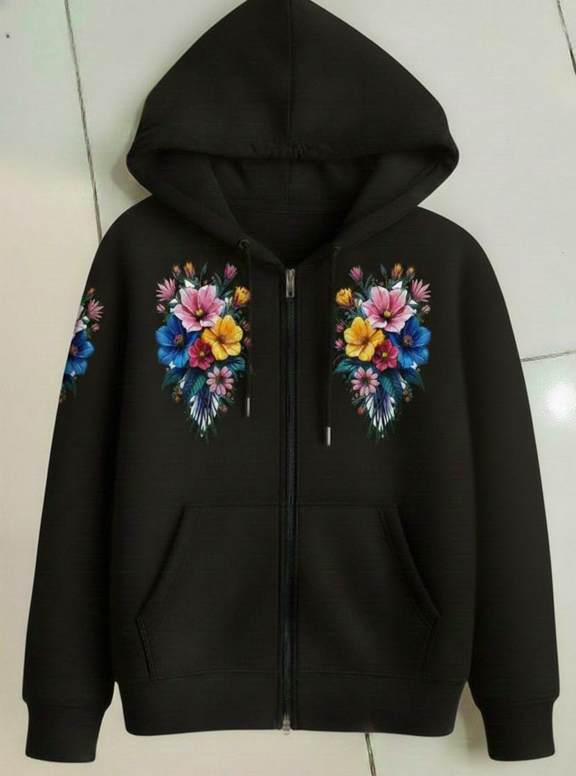 Zipper Stylish Hoodie ✨ Digital Flower Print (DTF) 🌺🌷🌺 Water proof and heat proof print