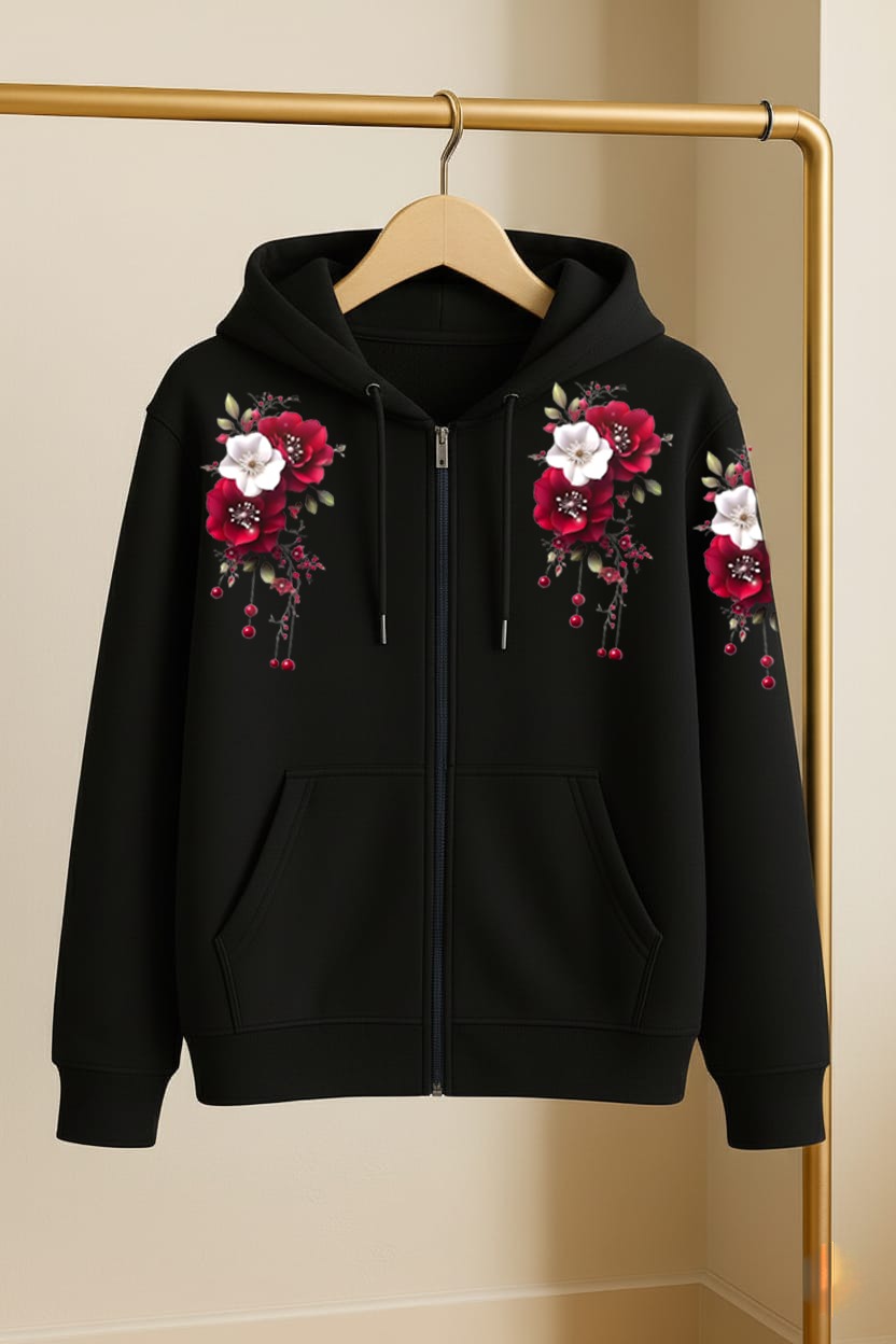 Zipper Stylish Hoodie ✨ Digital Flower Print (DTF) 🌺🌷🌺 Watter prpf and heat proof print