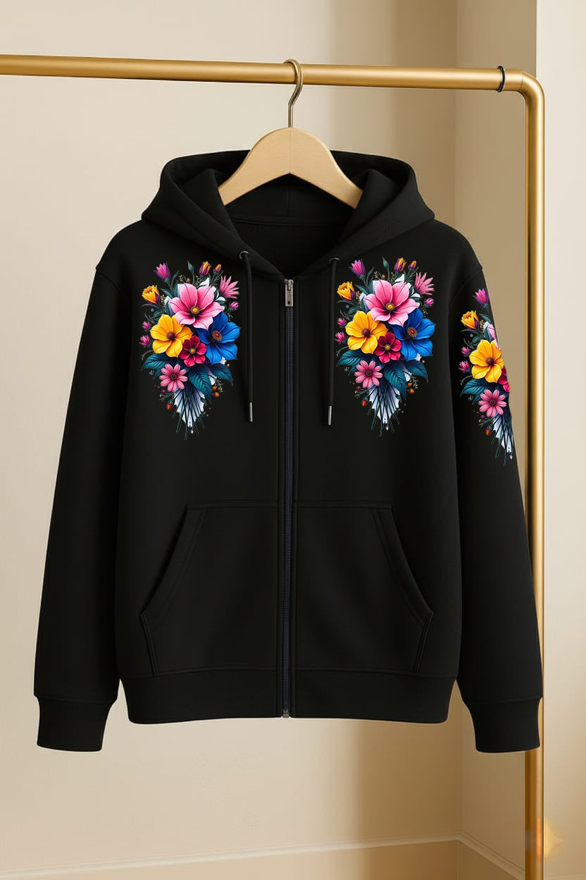 Zipper Stylish Hoodie ✨ Digital Flower Print (DTF) 🌺🌷🌺 Water proof and heat proof print