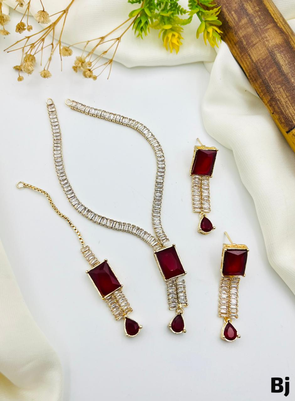 Fancy Beautiful Party Wear Full Zircon Stones Necklace With Earings And Tika