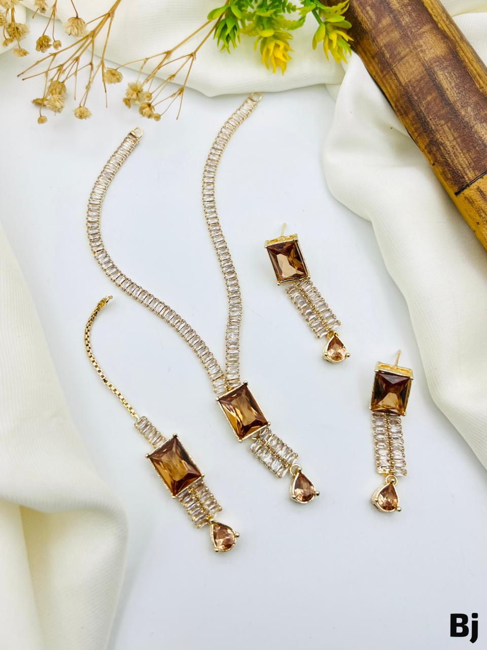 Fancy Beautiful Party Wear Full Zircon Stones Necklace With Earings And Tika