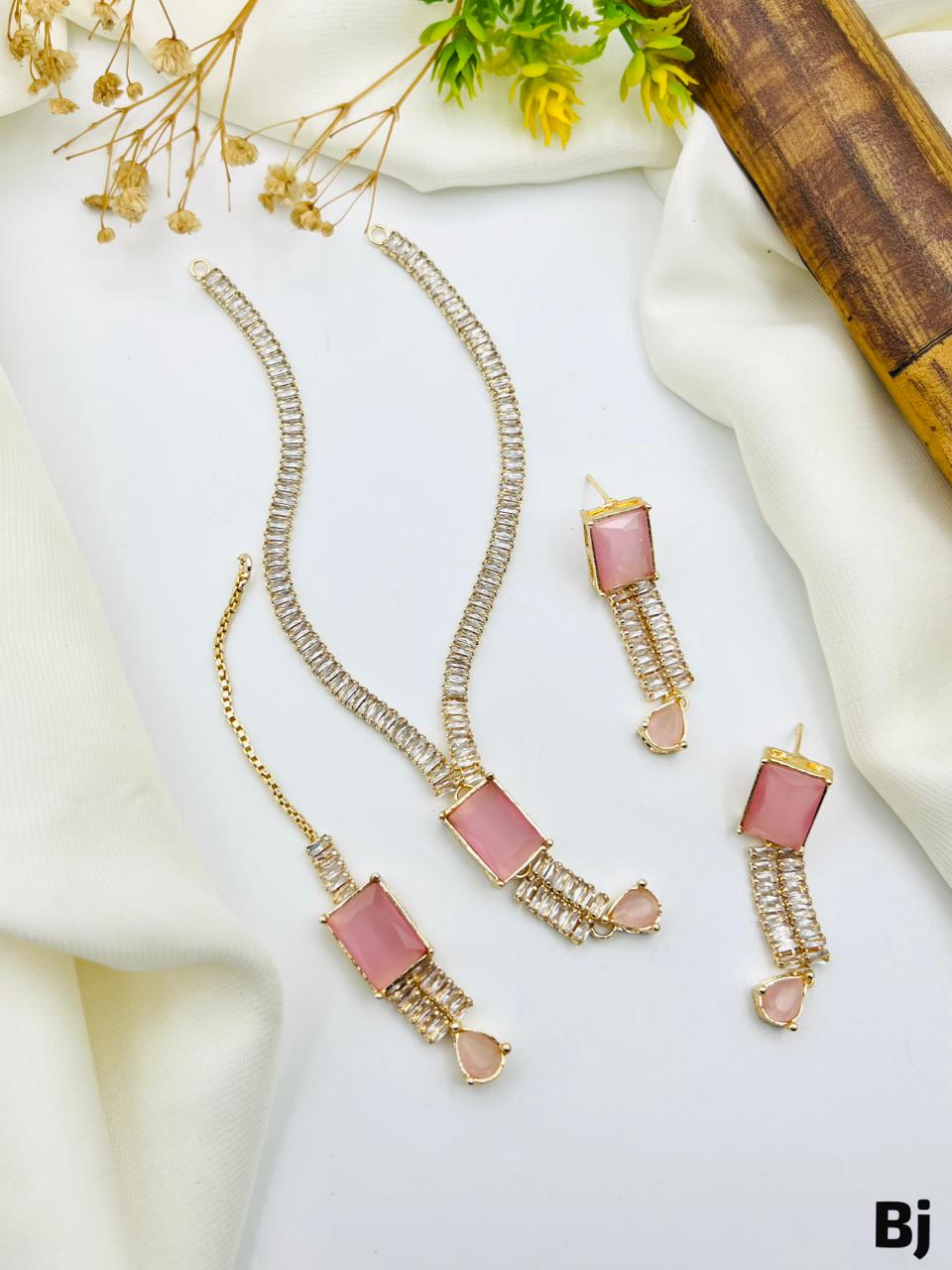 Fancy Beautiful Party Wear Full Zircon Stones Necklace With Earings And Tika