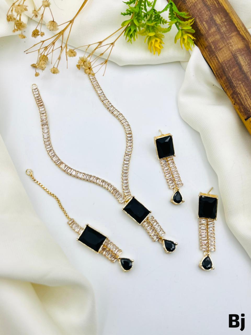 Fancy Beautiful Party Wear Full Zircon Stones Necklace With Earings And Tika