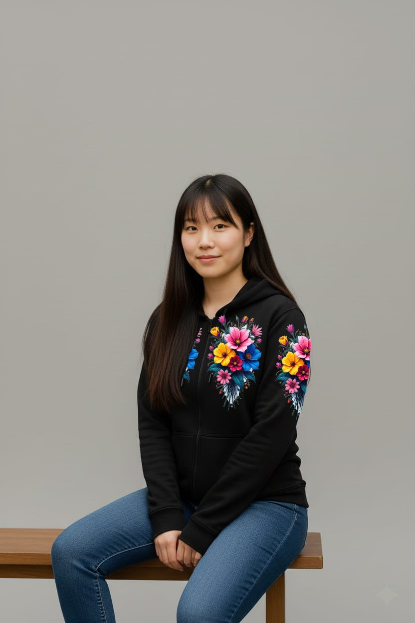 Zipper Stylish Hoodie ✨ Digital Flower Print (DTF) 🌺🌷🌺 Water proof and heat proof print