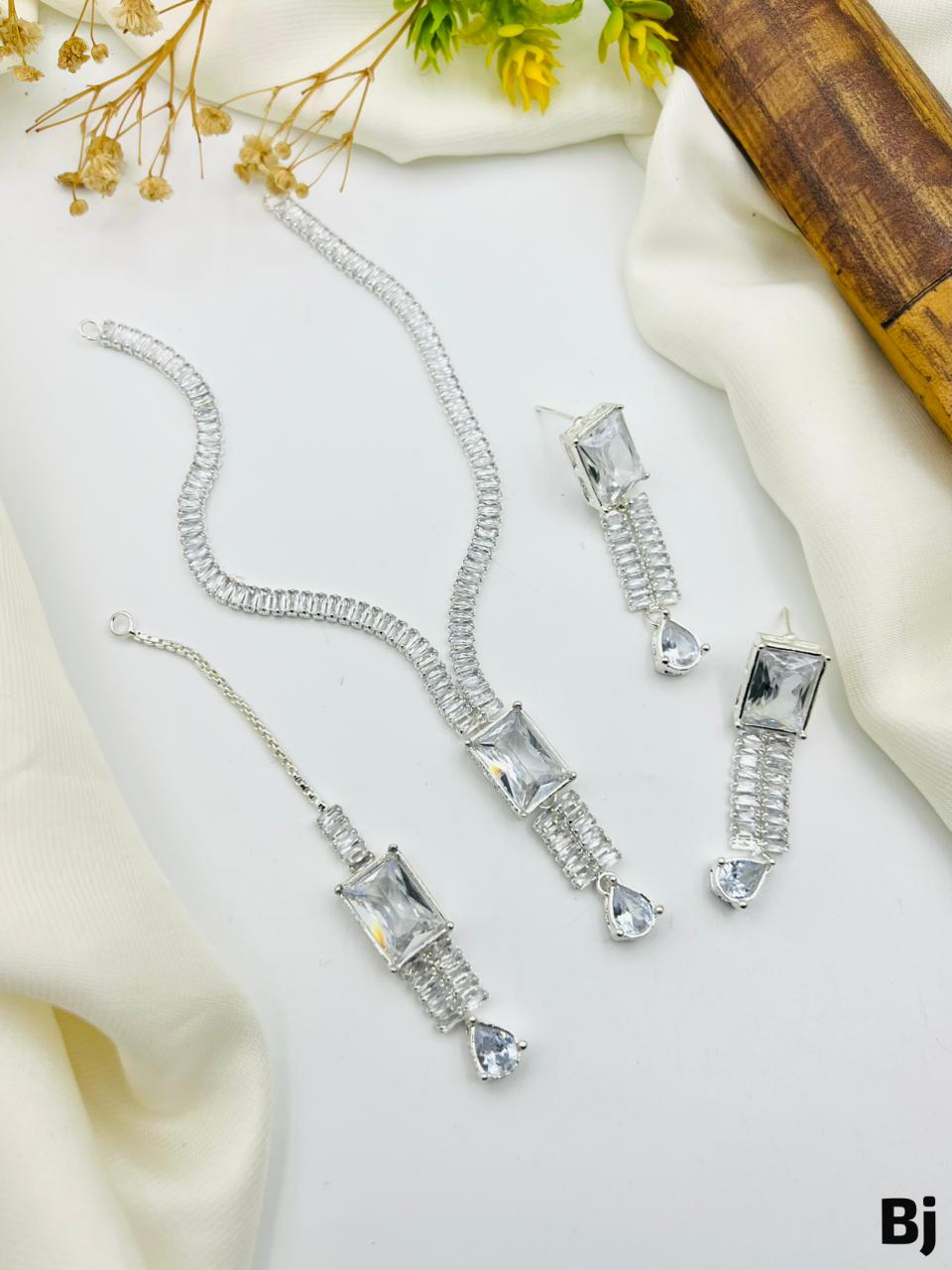 Fancy Beautiful Party Wear Full Zircon Stones Necklace With Earings And Tika