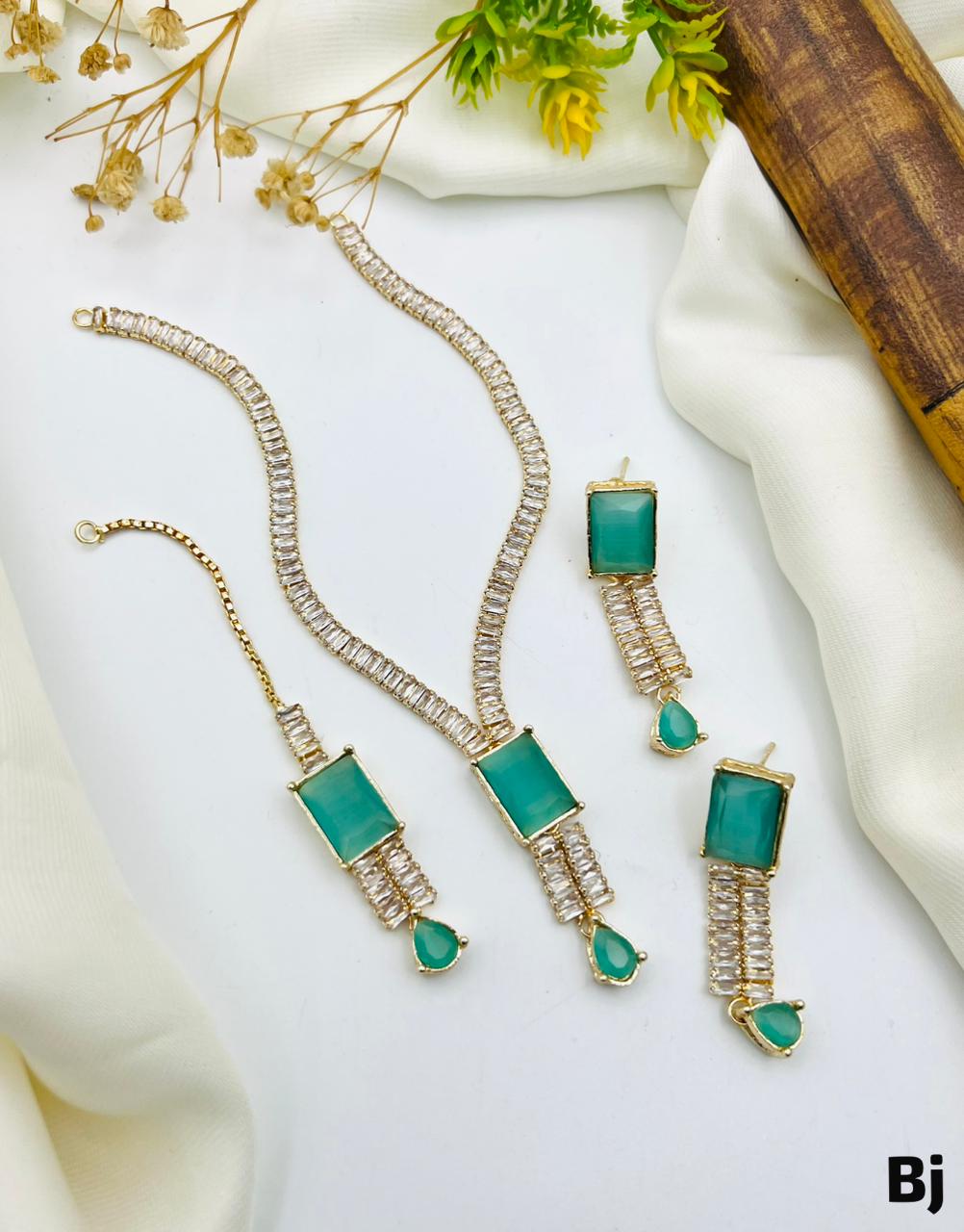 Fancy Beautiful Party Wear Full Zircon Stones Necklace With Earings And Tika
